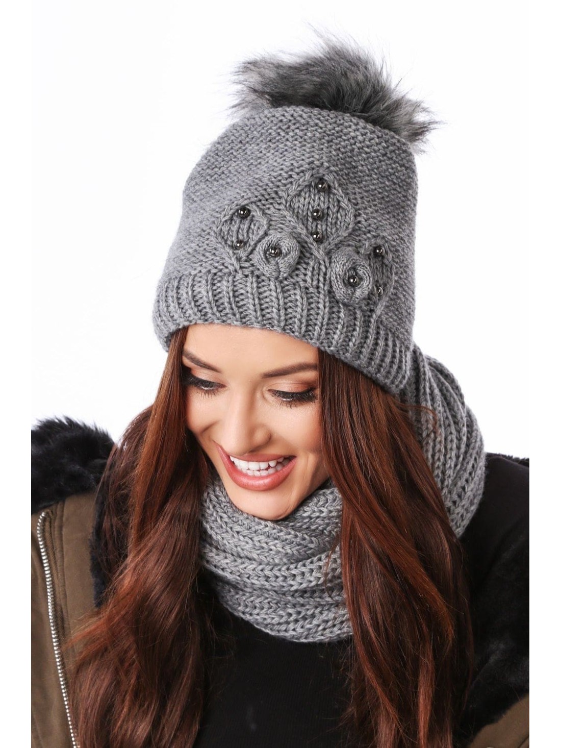 Beaded hat with a neck warmer for winter, dark gray C50 - Online store - Boutique